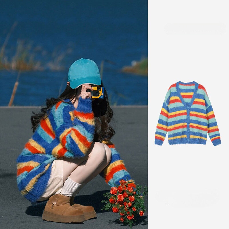 Japanese Retro Rainbow Striped Knit Sweater Cardigan for Women, Autumn Lazy Design, Loose Casual Cardigan Top
