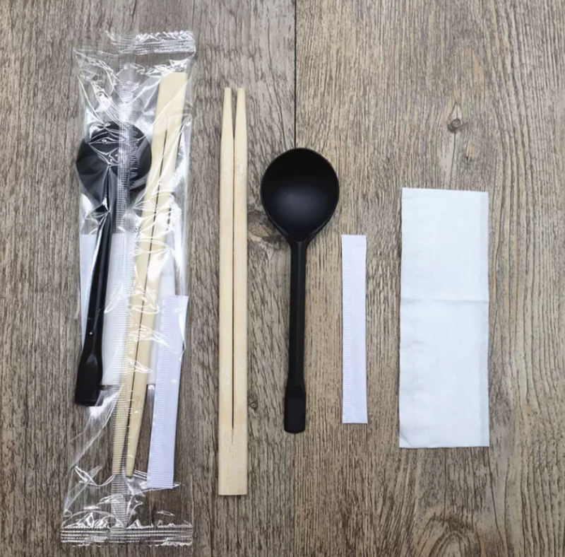 Disposable Chopsticks Four-Piece Set, Black Spoon Four-Piece Set, Chopsticks, Golden Turtle Spoon, Toothpicks, Tissue Set, Frosted Film, Transparent Film