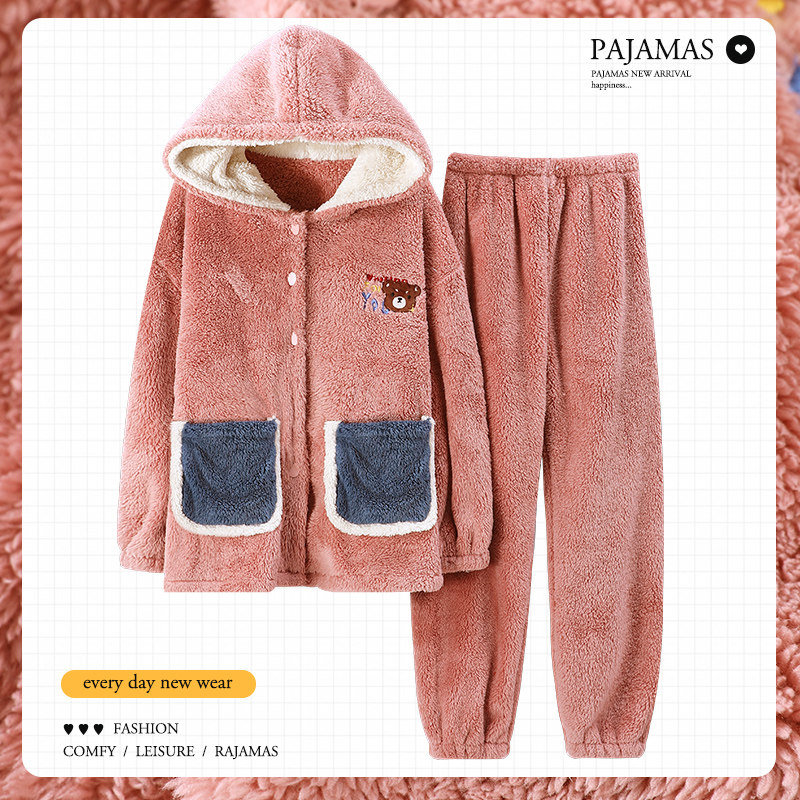 2021 New Flannel Sleepwear Woman Autumn Winter Thickened cute student Coral Suede Spring Autumn Home Suit Suit