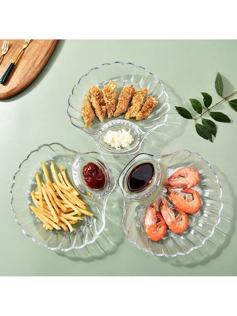 Glass Dumpling Plate with Vinegar Dish, Fat-Reducing Portion Control Plate, Household Fan-Shaped Shell-Shaped Dumpling Special Plate, Dipping Sauce Plate All-In-One