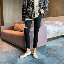  Pregnant womens pants spring clothes thin fashion Barbie legs small black pants holes outside small feet pencil pants womens belly pants summer