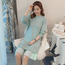 2021 new autumn and winter loose Korean version of pregnant women breastfeeding knitted sweater long dress out feeding skirt