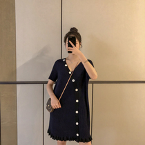 Pregnant womens knitted dress temperament summer fashion new trendy mother V-neck elastic slim-fit pregnancy Korean version is thin