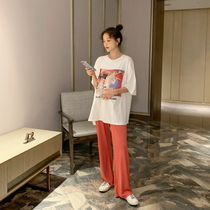  Pregnant womens suit summer Korean two-piece suit casual out fashion loose Western style trendy mom T-shirt wide-legged pants