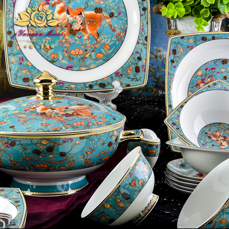 Cutlery Suit Bowls Dish Home 72 pieces minimalist upscale European style bowls tray Jingdezhen Porcelain Love Horse Dishes-Taobao