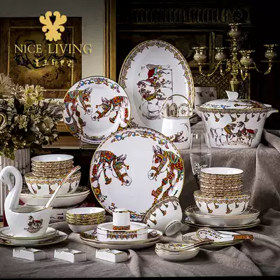 Bone porcelain tableware set Jingdezhen dishes European luxury high-end dishes set home 68 Chinese gift