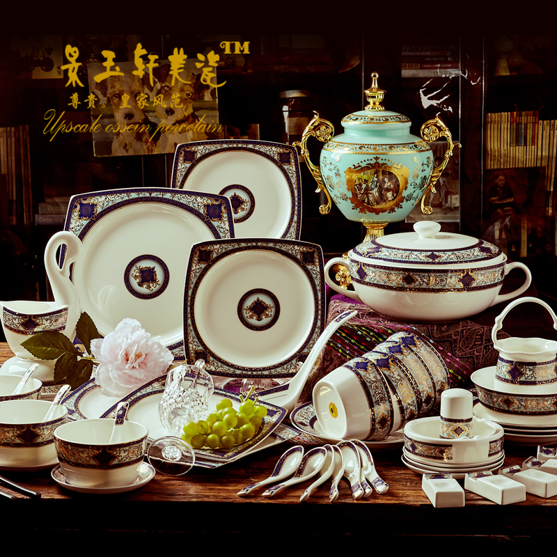 Upscale palace Ceramic Inform European-style Bone Porcelain Tableware Suit Bowl tray Dish Suit Home 60 Pieces Gift