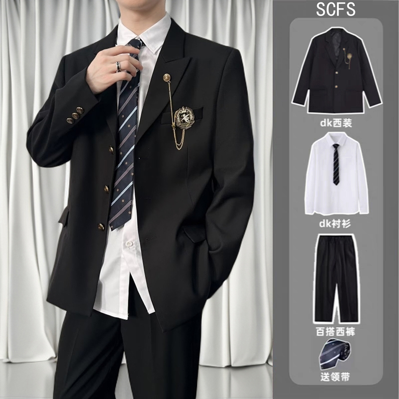 College Style Dk Uniform Suit with Badge, Spring and Autumn Youth Handsome Black Suit Jacket with Shoulder Pads