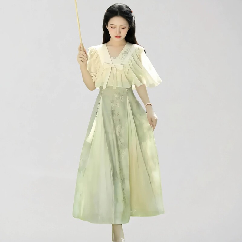 New Chinese Style National Element Top with Improved Hanfu Elements, Green Camisole Dress Two-Piece Set for Plus-Size Women, Everyday Outfit New Chinese Style National Element Top with Improved Hanfu Elements, Green Camisole Dress Two-Piece Set for Plus-Size Women, Everyday Outfit