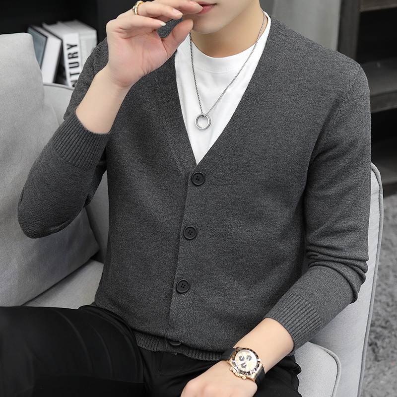 Solid Color V-Neck Cardigan Sweater for Men, Spring and Autumn Trendy New Fashion Casual Versatile Knitwear