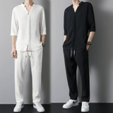 Спортивный костюм, тонкая дышащая рубашка, из хлопка и льна, китайский стиль