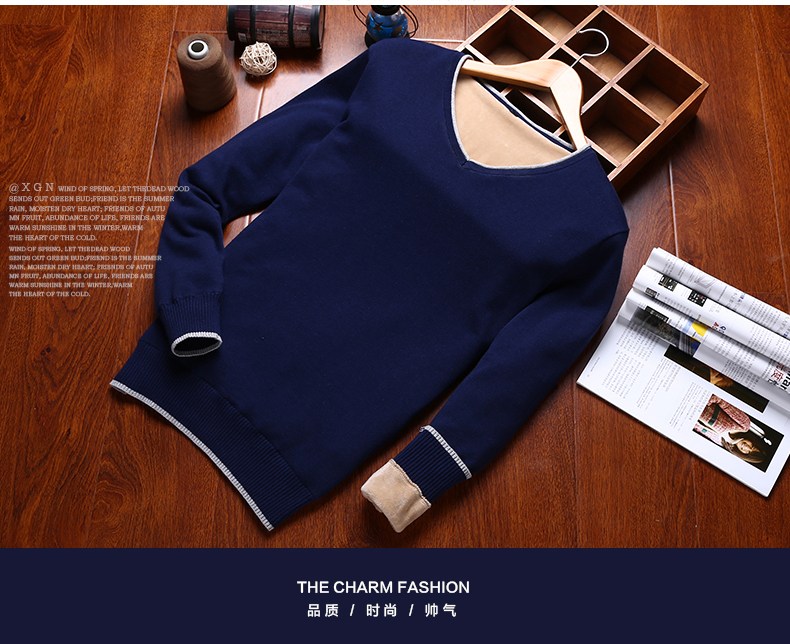 Áo len nam mùa đông dày cổ chữ V Hàn Quốc cộng với áo len nhung Áo len mỏng Áo len dày nam hoodie nam