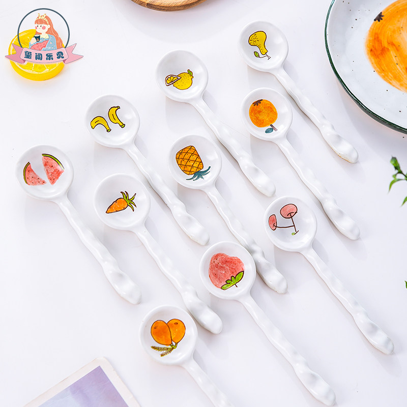 Seamelee to see ceramic handcrafted cute cartoon strawberry fruit spoon long handle home meal spoon spoon spoon spoon