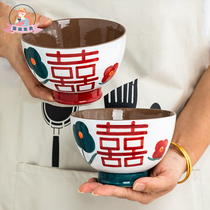 Xi is glad to see Jingdezhens creative handmade ceramic bowls large noodle bowls of rice bowls of red and happy couples bowls wedding gifts