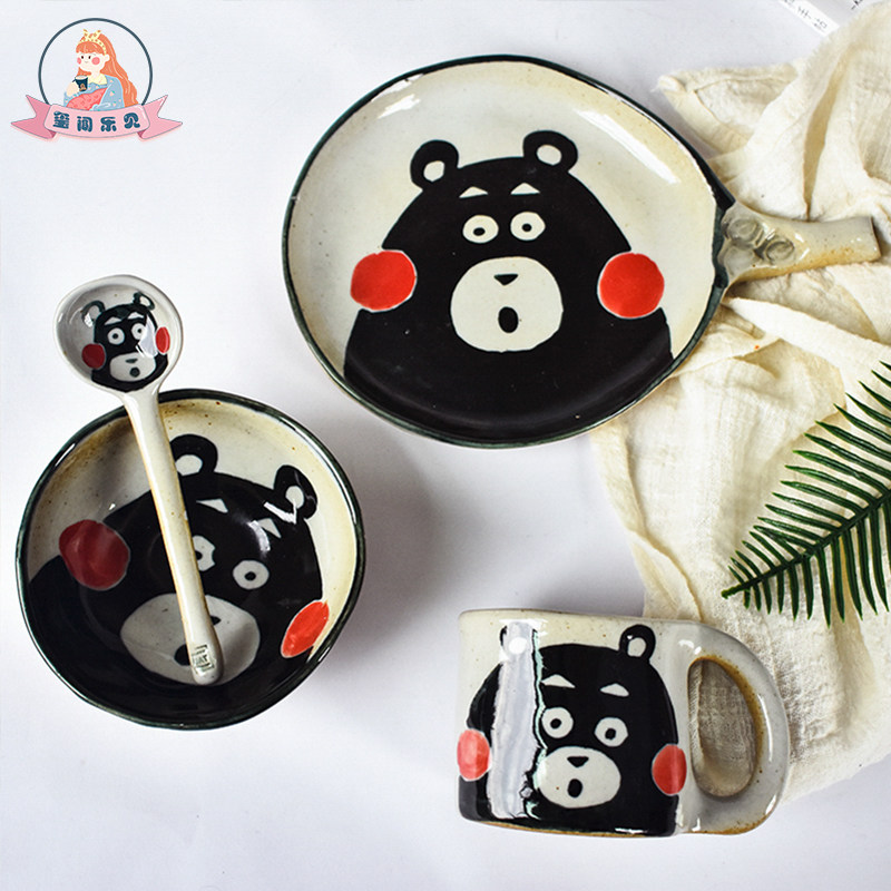 The Xi Heard of the Day-style Jingdezhen Ceramic Creative Coarse Pottery Cartoon Mark Cups Bowls of Bowls Spoonful Dish Cutlery Cutlery Sets