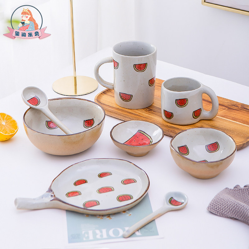 Seal of the Seal Welcome Day Style Home Ceramics Creative Watermelon Cute Cartoon Mark Cup Foam Noodle Bowl of Dish Spoon Cutlery Sets