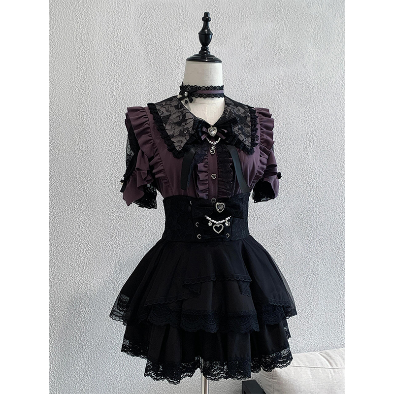 Lace Clothing Japanese Subculture Purple Shirt Black Skirt Suit for Women