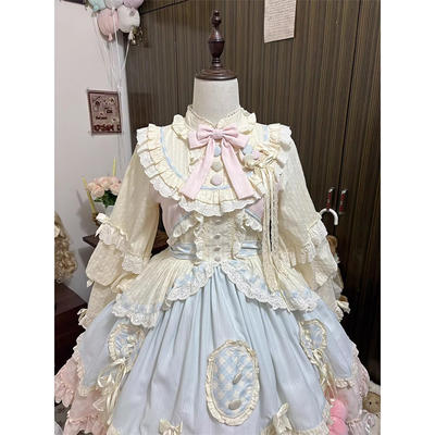 Blue and pink cute and sweet lolita dress, short long-sleeved Lolita puffy princess dress, slimming daily dress