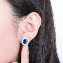 Sapphire earrings female s925 sterling silver style temperament simple Joker Japanese Korean card blue synthetic gemstone earrings