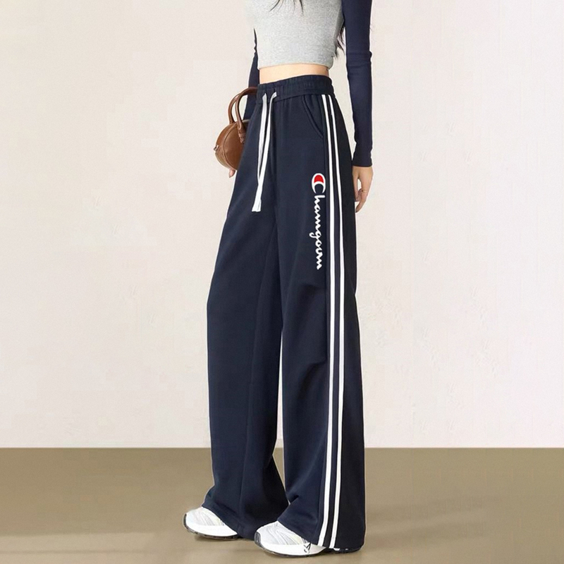 Champion Striped Sweatpants for Women, Spring New Cargo Pants, Straight-Leg Casual Joggers, Drawstring Cuffed Wide-Leg Pants