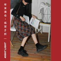Luminous wool plaid skirt Spring and autumn Japanese antique high-waisted a-line skirt Medium-long student one-step skirt