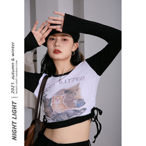 Luminous sexy as an old cat Mimi printed short T-shirt female round collar pumping rope minus age and a slim casual blouse