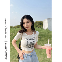 Short sleeve T-shirt woman Summer sashimi Short seduces Sexy Dew Navel Design Careless Machine Hollowed-out Compassionate Printed Undershirt
