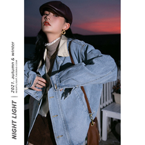 Night Light Retro Texture Light Blue Collar Denim Jacket Woman Loose Casual 100 Hitch 2021 Winter New Jacket