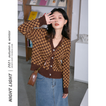 Night Light Superfire Retro Chessboard Plaid Knit Cardiovert 2021 Fall New V Collar Casual 100 hitch