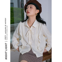 Luminous method LOTUS LEAF LACE LACE SHIRT WOMAN 2021 WINTER NEW RETRO ART TEMPERAMENT CASUAL 100 LAP TOP