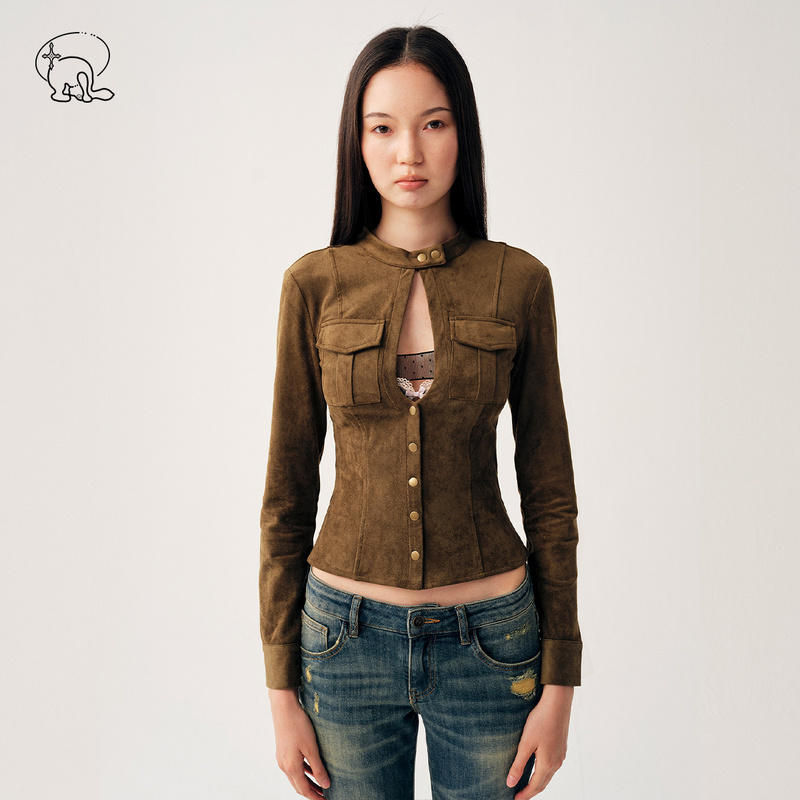 Dotyears Original Niche Design Asymmetrical Suede Shirt for Women, Autumn and Winter Elegant Slim Short Top