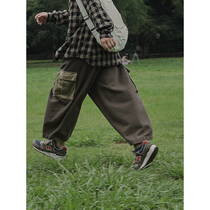 Crisis youth Big Pocket Workwear wide leg pants men Japanese retro loose straight tube drop feel leisure ankle-length pants tide