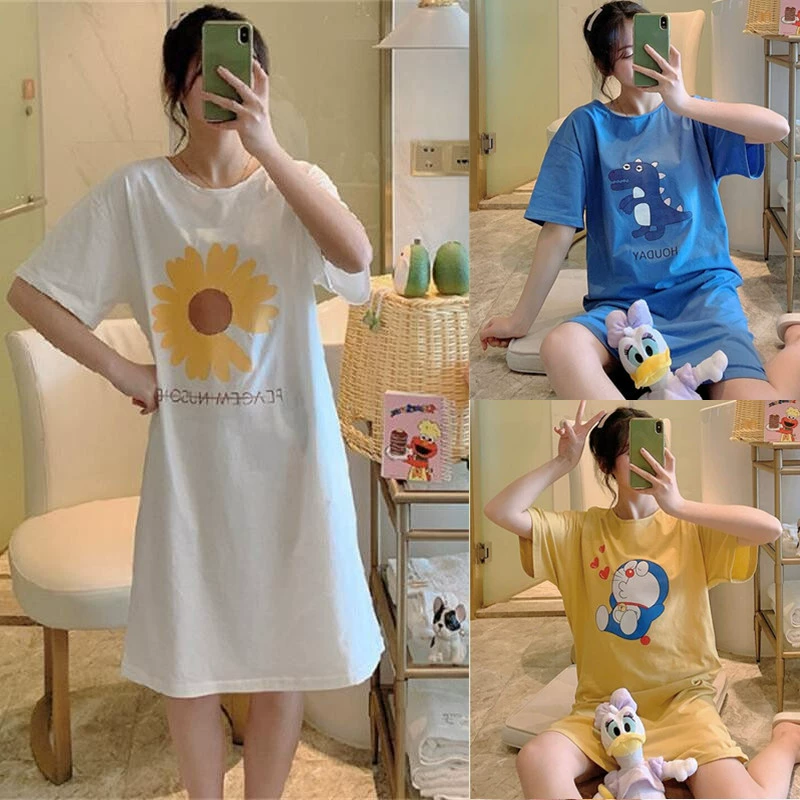 Bộ đồ ngủ pijama nữ mùa hè cotton phiên bản hàn quốc size lớn béo mm rộng rãi học sinh ngọt ngào dễ thương đồ mặc nhà cho bà bầu có thể mặc ngoài - Đêm đầm