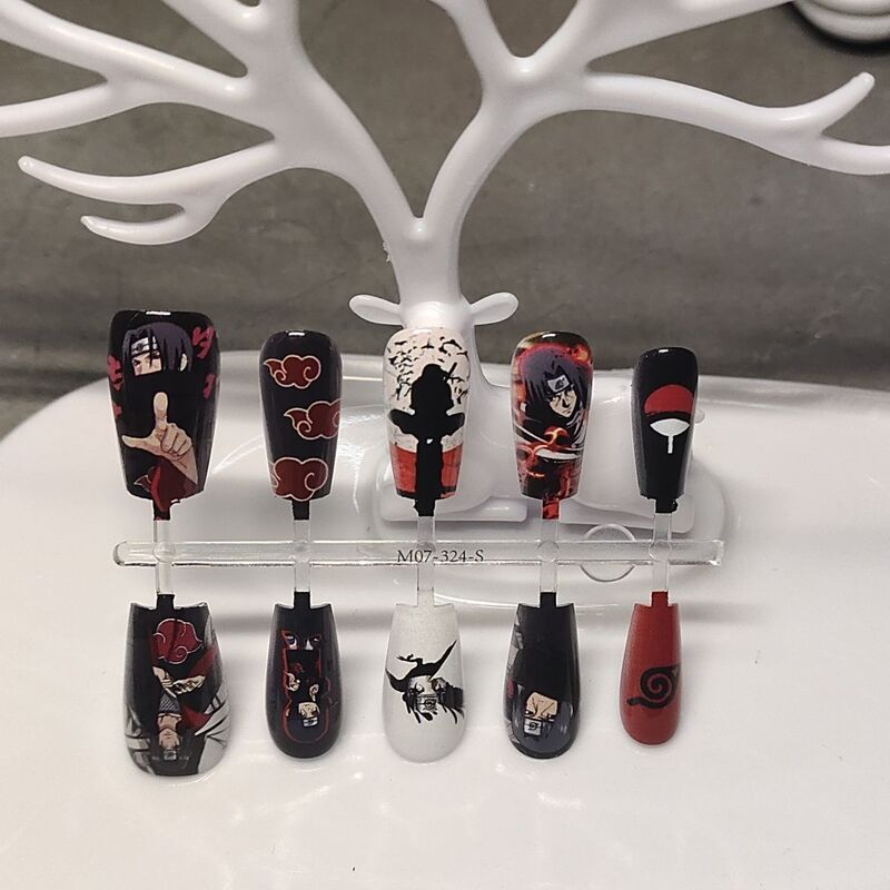 Naruto Itachi Manicure Handmade Premade Semi-Finished Anime Cartoon Nails Two-Dimensional Wearable Nails for Good-Looking