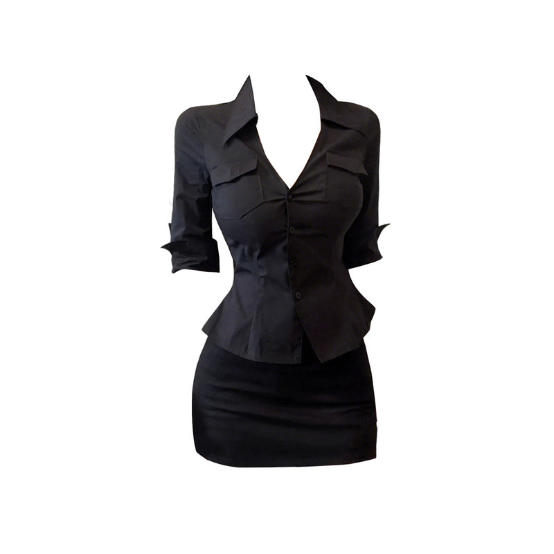 Pure Desire Black V-Neck Mid-Sleeve Shirt and Hip-Hugging Skirt Women's Waist-Slimming Professional Work Uniform Set