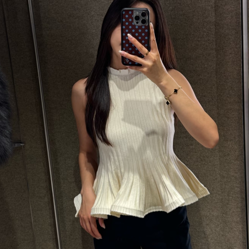 Za Summer New Style Light Luxury Ruffled Tank Top Sleeveless Ribbed Knit Short Skirt-Style Hem Top 0014007