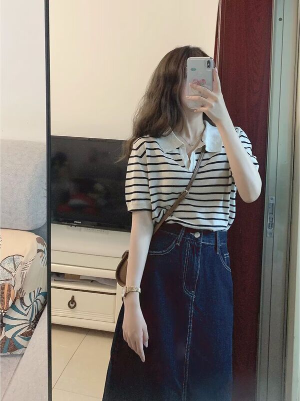 2026 New Retro Striped Loose Polo Collar Short-Sleeved T-Shirt Knitwear for Women, Sweet and Chic Summer Top
