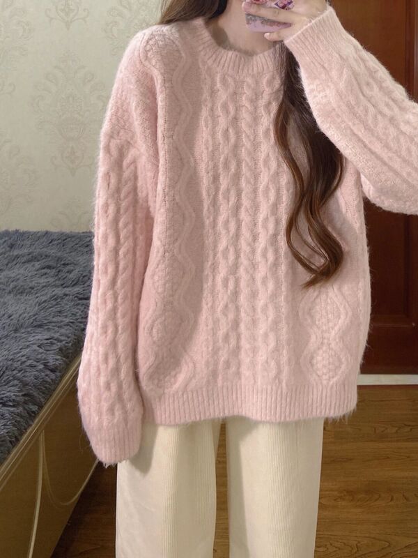 Lazy Style Pink Twist-Knit Sweater Women's Jacket Spring and Autumn 2025 New Korean Style Soft and High-End Top