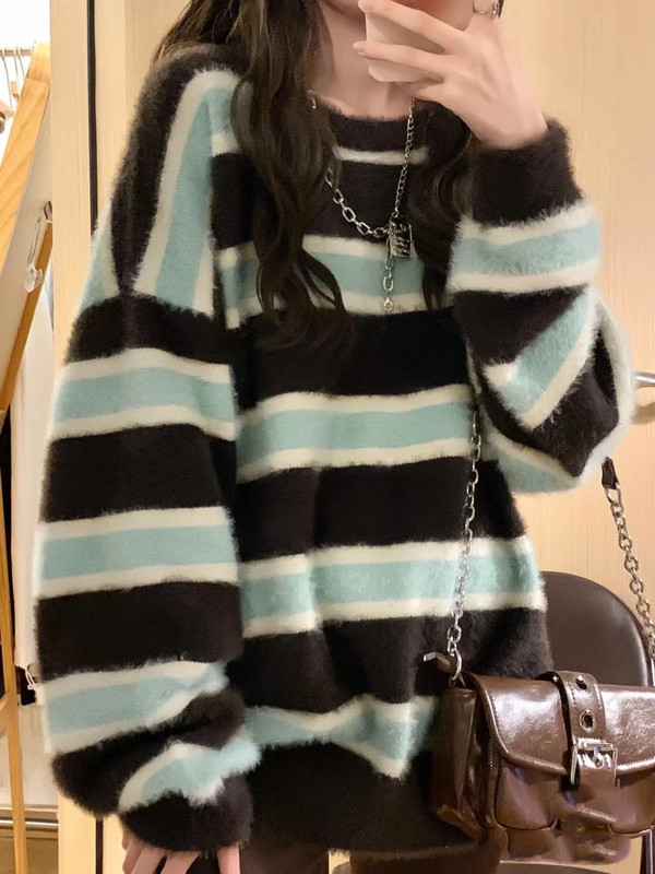 Soft and Gentle Striped Lazy Style Autumn and Winter New Sweater for Women, Loose Retro Faux Mink Velvet Sweet and Spicy Knitwear, Thick