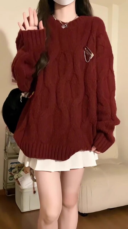 Casual Christmas and New Year Red Sweater for Women, New Autumn and Winter Style, Loose-Fitting Outerwear, Twist-Knit Knitwear, Lazy Style Top, Thick Casual Christmas and New Year Red Sweater for Women, New Autumn and Winter Style, Loose-Fitting Outerwear, Twist-Knit Knitwear, Lazy Style Top, Thick