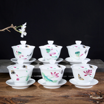 Heat-resistant Dehua underglaze color ceramic three-cai cover bowl Single tea bowl Tribute tea bowl Tea set Kung Fu big tea lid