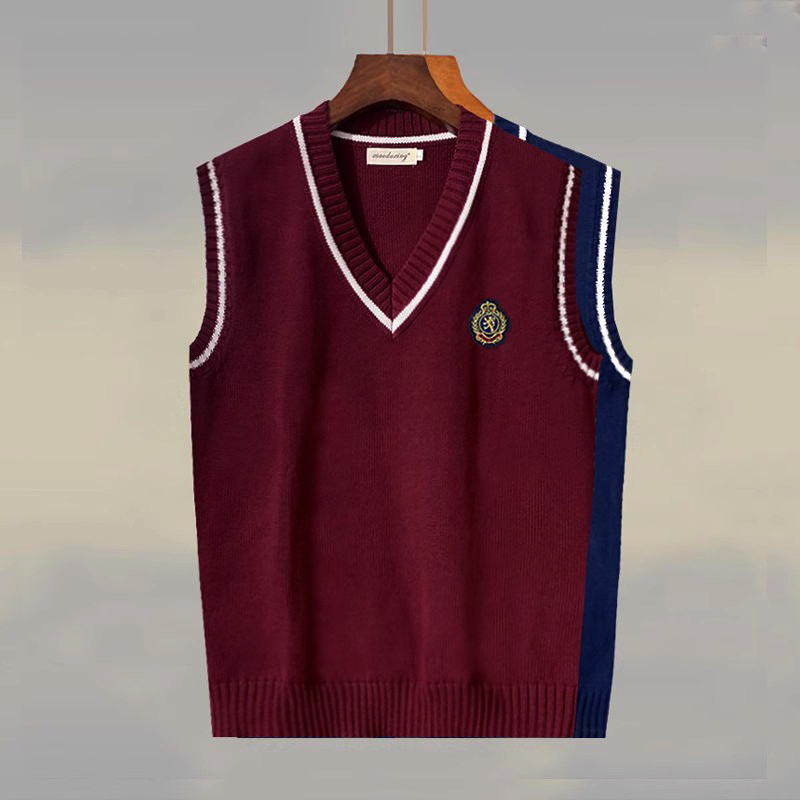 Autumn and Winter Pure Cotton Sweater Vest for Men, Korean Style Slim Fit Sleeveless Knitwear, College Style Trendy Pullover Knitted Vest