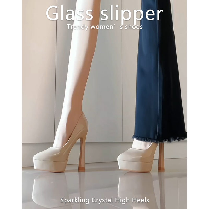 2026 Spring and Autumn New Style Waterproof Nude High Heels Women's Patent Leather Versatile Formal Catwalk Chunky Heel Comfortable Shoes