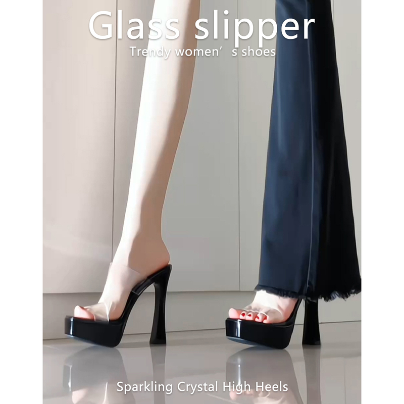 Sexy Black Elegant Summer Outerwear-Friendly Comfortable One-Strap Chunky Heel Transparent Strap Platform High Heels for Women 12cm Sexy Black Elegant Summer Outerwear-Friendly Comfortable One-Strap Chunky Heel Transparent Strap Platform High Heels for Women 12cm