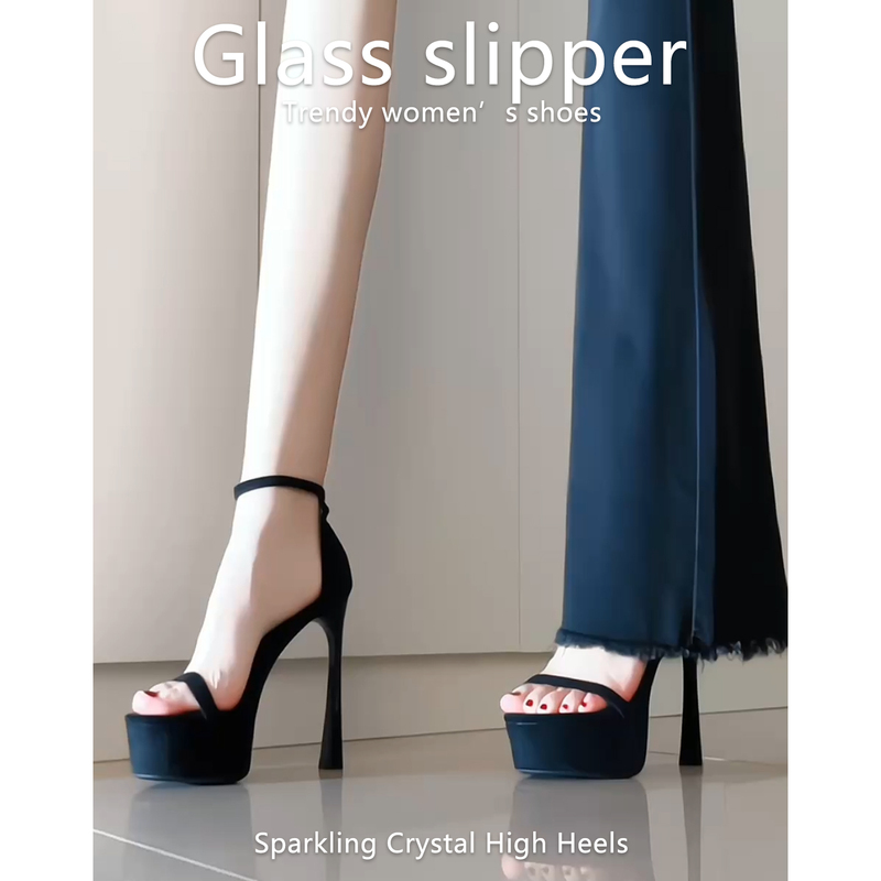 2026 French Style New Black Suede Thin High-Heeled Shoes for Women with Waterproof Platform, Open Toe, Comfortable Sandals