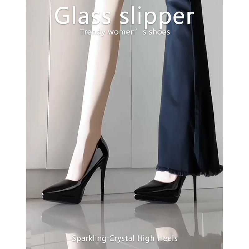 Elegant Sexy Pointed-Toe Ultra-High Heels for Women, Waterproof Platform Stiletto Heels, Nightclub Patent Leather Spring and Autumn Style, Runway Black Shoes