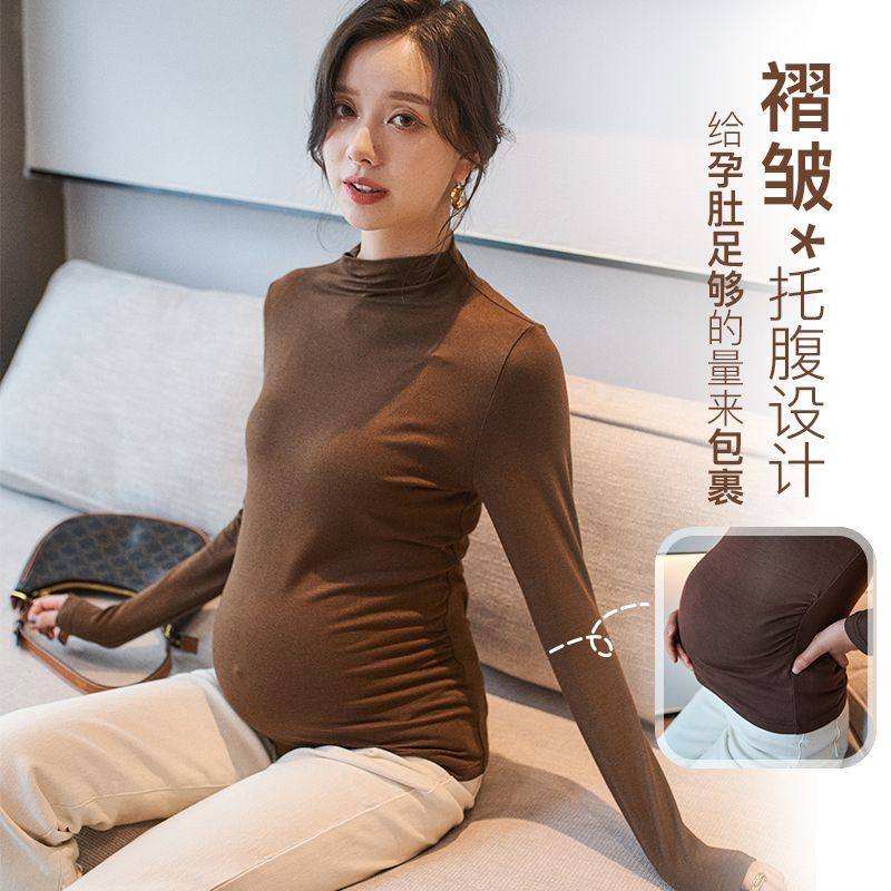 Pregnant woman's autumn clothing T-shirt T-shirt bottom-shirt autumn winter develvet warm inner lap half high collar long sleeve blouse spring gestational woman dress-Taobao