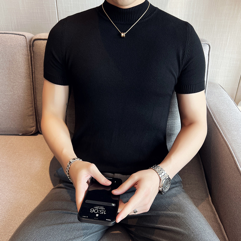 European Station 2025 Autumn/Winter New Sweater Solid Color Slim Fit Half-Turtleneck Short-Sleeve Knitted Sweater Base Shirt for Men