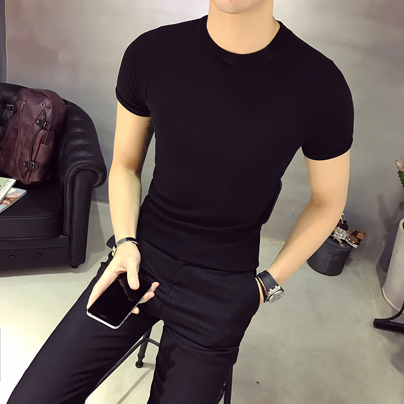 European Station 2026 Summer Youth Trend Men's Short-Sleeve Stretch Solid Color Round Neck Slim Fit Pure Cotton T-Shirt Men's Thin Style