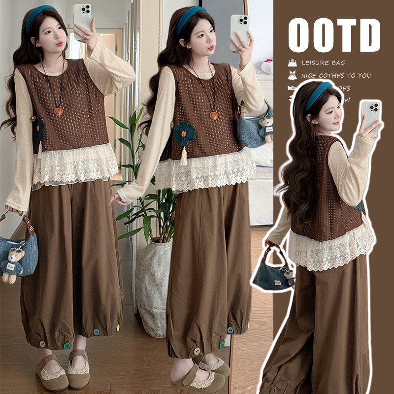 Maternity Wear Spring Outfit 2026 New Style Pregnancy Outfit Set Spring and Autumn Korean Style Top, Vest, Wide-Leg Pants Three-Piece Set